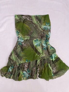 Y2K Green Floral Print Ruffle Hem Women's Skirt